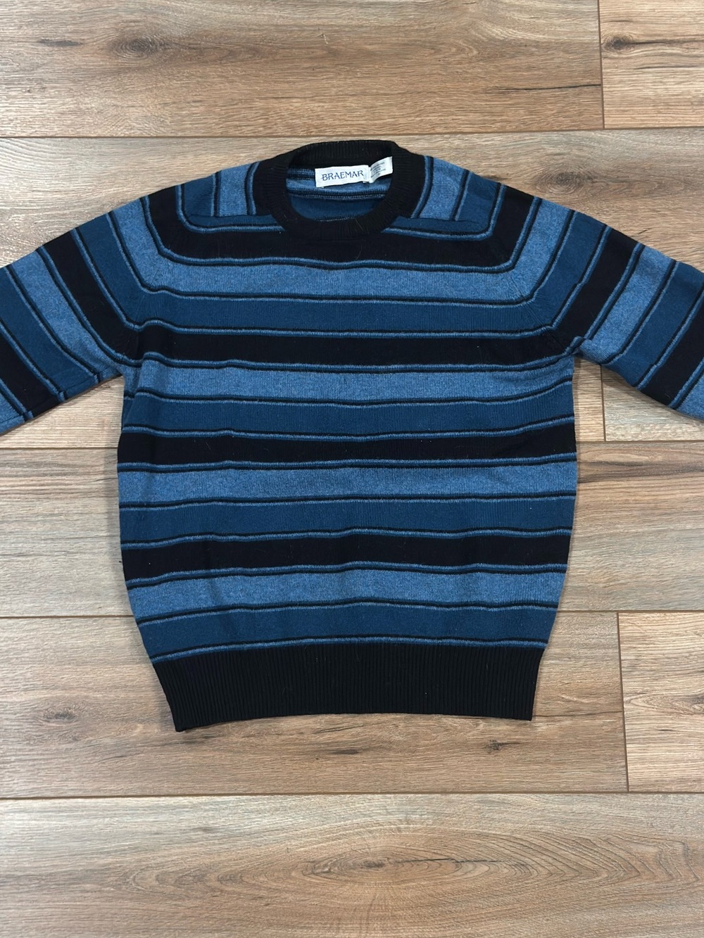 BRAEMAR Vintage 90s 100% Lambs Wool Blue Striped Grandpa Sweater | Size Small